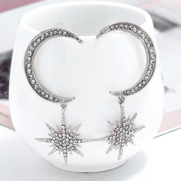 Silver & Crystal Crescent Moon w/Star Earrings - Picture 3 of 7